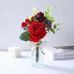 AFRITEE Artificial Flowers with Vase - Small Red Fake Plants Faux Silk Flower Arrangement in Vase for Home Decor for Indoor Dining Living Room Coffee Wedding Table Centerpieces