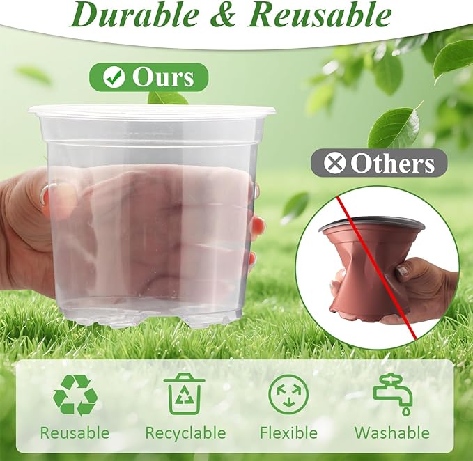 RooTrimmer 60 Pack Clear Nursery Pots with Humidity Domes, 4 Inch Plastic Plant Pots with Drainage Holes for Seedlings, Transparent Seed Starting Pot for Cuttings Propagation Indoor Gardening