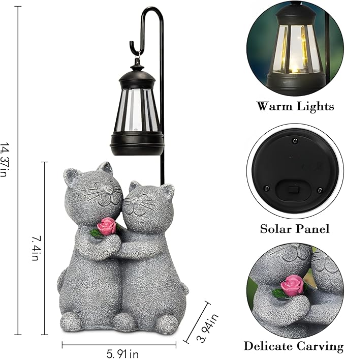 twinbling Outdoor Cat Garden Statues with Solar Lantern, Solar Lantern Cat Figurines Decor for Yard, Lawn, Porch & Patio, Unique Housewarming/Birthday Gifts for Women