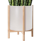 D'vine Dev Planter Pot with Stand - 16 Inch Plastic Cylinder Flower Pot with Wood Planter Holder for Indoor, Oatmeal Pot + Natural Stand, 55-C-Y-4