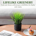 MyGift Artificial Green Grass Plant in Modern Black Concrete Pot with Geometric Embossed Pattern, Tabletop Faux Greenery Decorative Round Cement Planter Home Decor