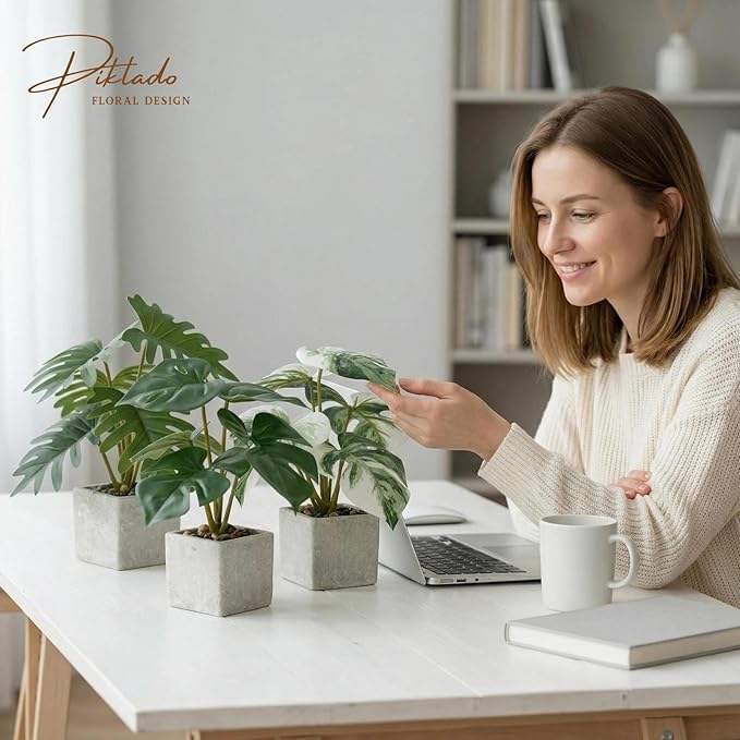 3pcs Small Fake Plants Artificial Begonia Leaves Faux Plants Indoor for Office Desk Shelf Bathroom Home Decor (3Pcs White Green)
