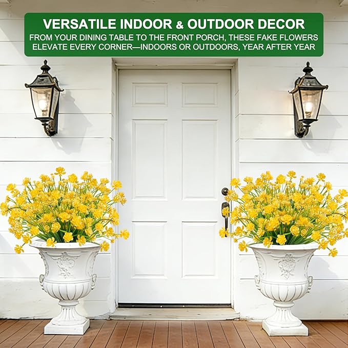 TURNMEON 12 Bundles Artificial Flowers for Outdoors Summer Decor, Realistic UV Resistant Fake Plants Faux Plastic Flowers for Outside Planter Home Gardens Porch Yards Spring Cemetery Decor(Yellow)