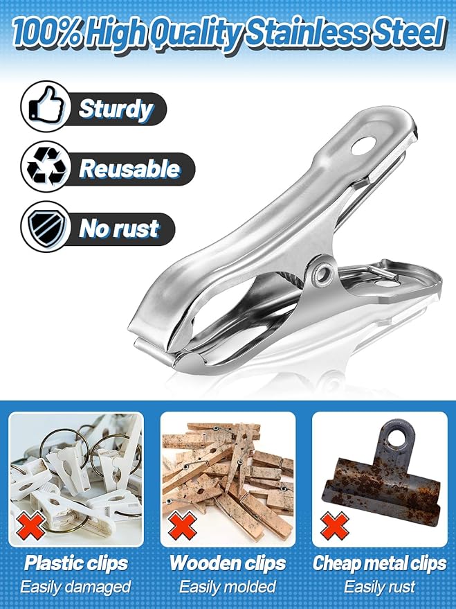 Stainless Steel Garden Cilps - 40Pcs Large Open Metal Clamps for Greenhouse Hoops, 2" Fix Plant Cover Shade Cloth Netting Tarp, Tight Grip Weatherproof Gardening Supplies