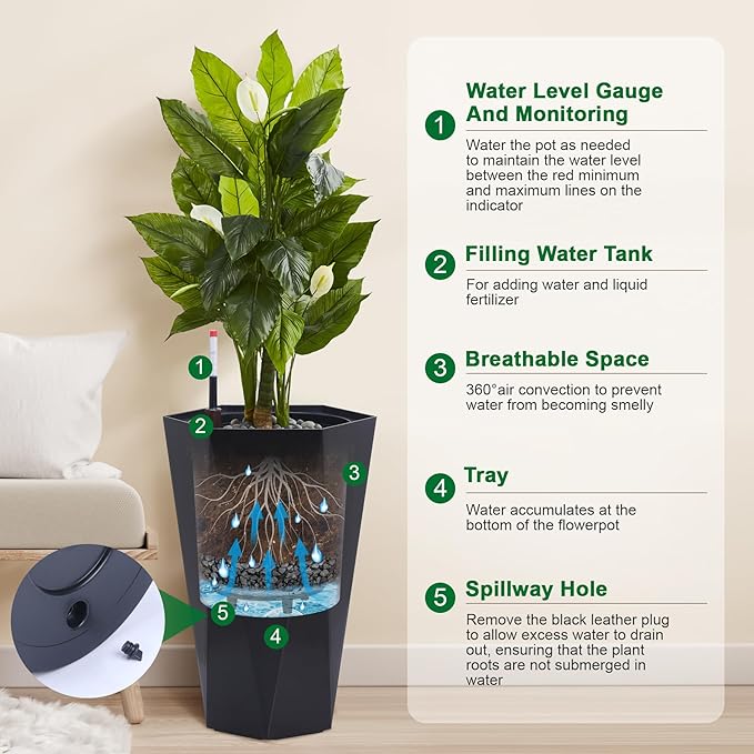 22.4 Inch Tall Planters for Outdoor Indoor Plants Set of 2, Tapered Large Flower Pots with 2 Trays and a Water Level Monitor Planter Pots, Plant Pot for Patio, Balcony, Lounge