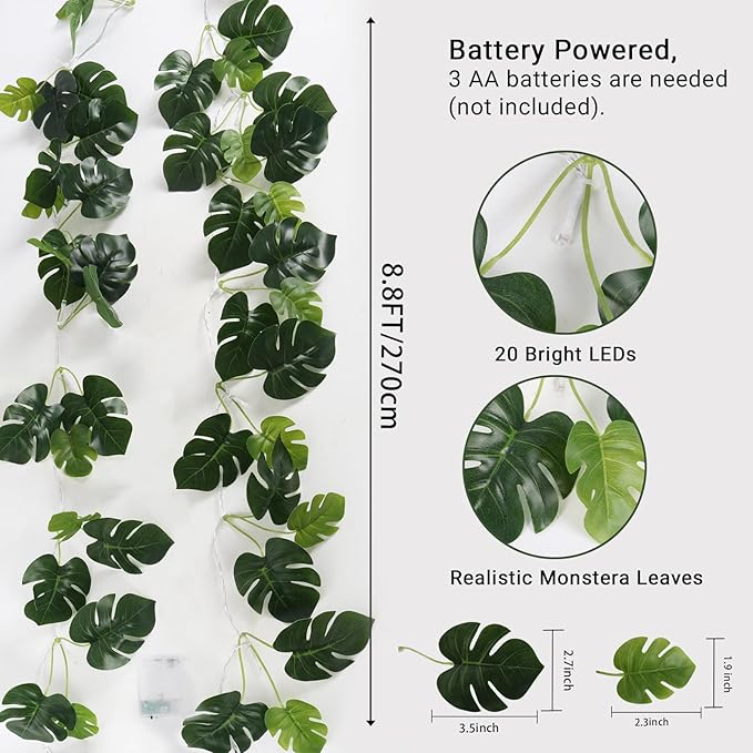 RECUTMS Monstera Leaves String Lights 1P 20LEDs Artificial Tropical Palm Leaf Battery Operated Hanging Rattan Light Faux Greenery Vines for Hawaiian Party Luau Jungle Beach Summer Indoor Outdoor Decor
