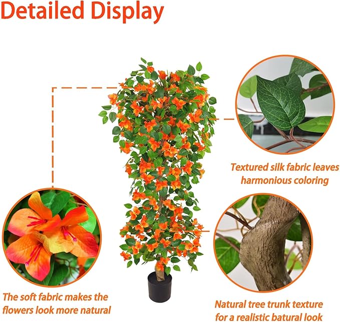 Artificial Bougainvillea Tree -5FT Faux Bougainvillea Tree with Realistic Flowers, Tall Fake Fall Flower Tree for Indoor or Outdoor Decor, Silk Floral Plant for Living Room, Porch, Garden (Orange)