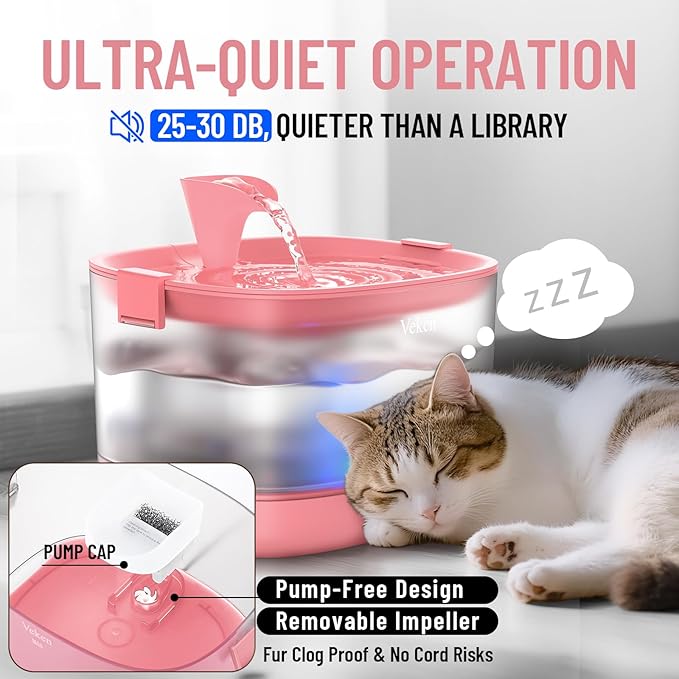 Veken Cat Water Fountain with Detachable Tank & Secure Clips, Easy to Clean & Assemble, 85oz/2.5L Pet Drinking Dispenser with Quiet Operation & LED Light, Cats, Dogs and Small Pets, Red