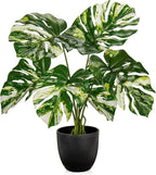Briful Fake Plants Variegated Monstera Leaves Faux Plant Indoor in Black Pot Artificial Potted Plant Houseplant for Home Decor Patio Farmhouse Kitchen Bathroom