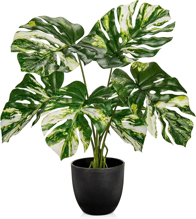 Briful Fake Plants Variegated Monstera Leaves Faux Plant Indoor in Black Pot Artificial Potted Plant Houseplant for Home Decor Patio Farmhouse Kitchen Bathroom