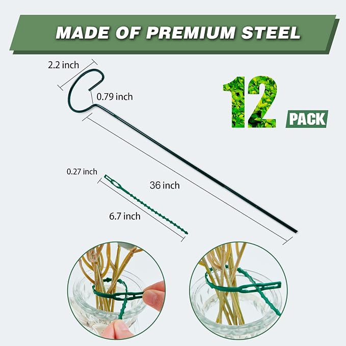 Joyhalo 12 Pack Plant Support Stakes 36 Inches, Plant Stakes, Flower Stakes with 24 Twist Ties, Garden Sticks for Plants Hibiscus, Sunflower, Red Hot Poker, Hydrangea, Tomato, Sapling Etc