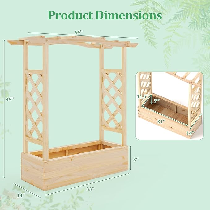 HAPPYGRILL Raised Garden Bed with Trellis, Wood Planter Box w/Hanging Roof, Drainage System, Elevated Garden Box for Climbing Vine, Outdoor Planter w/Trellis for Patio Balcony, 44" x 14" x 45"