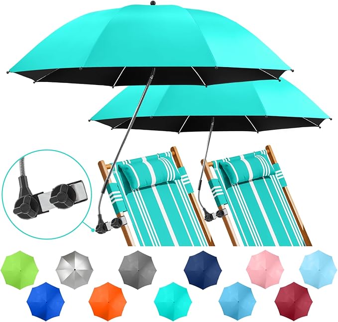2 PACK Beach Umbrella with Clamp, 360 ° Adjustable Umbrellas for Chair, UPF50+ Umbrella for Beach Chair, Patio Chair, Wheelchair, Camping Chair, Golf Carts (Chair Not Included)