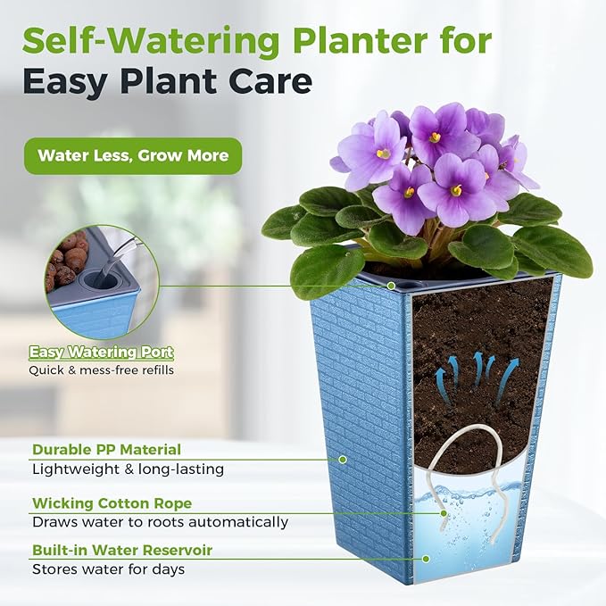 Self Watering Pots for Indoor Plants, 2 Pack Flower Pots Self Watering Planter 10.7" x 6.9" Plastic Pots African Violet Wick and Grow Pots Tall Orchid pots Square Large Plant Pots, Blue