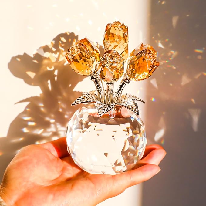 YWHL Handmade Crystal Gold Rose Flower Figurine with Round Vase, Romantic Rose Gifts for Women on Wedding Valentine's Chrismas, Glass Rose Flowers for Girlfriend Wife, Home Table Decorations