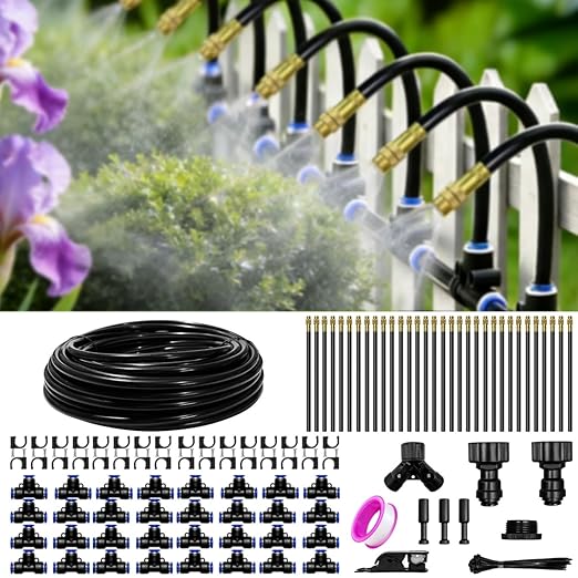 100 Ft Drip Irrigation System for Garden - Drip Irrigation Kit with 19 360°Adjustable Copper Nozzles Hose, Automatic Atomizing Plant Watering Sprinkler System for Yard, Lawn, Greenhouse, Potted