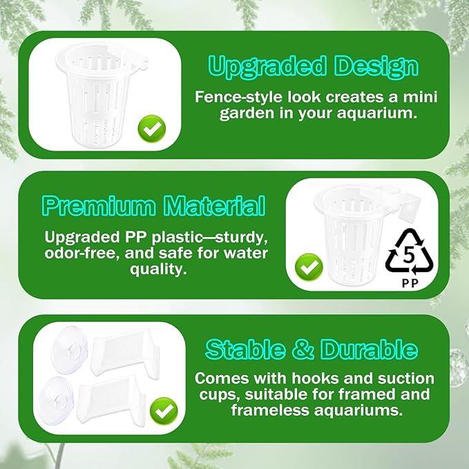 4 Pack Aquarium Plant Holder for Live Plants, Fish Tank Plant Holder with 24 Adjustable Hooks (3 Sizes) & 8 Aquarium Suction Cups, Plant Holder for Fish Tank for Pothos, Aquascape Decorations