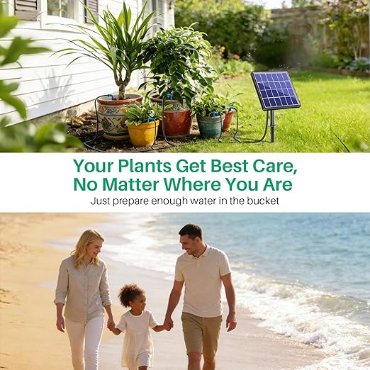 NFESOLAR 3W Solar Automatic Drip Irrigation Kit with LCD Timer, Customizable Watering Duration 1–30min & Interval 3h–7d, Anti-Siphoning Device for Potted Plants, Balcony, Garden, Patio, Vacation