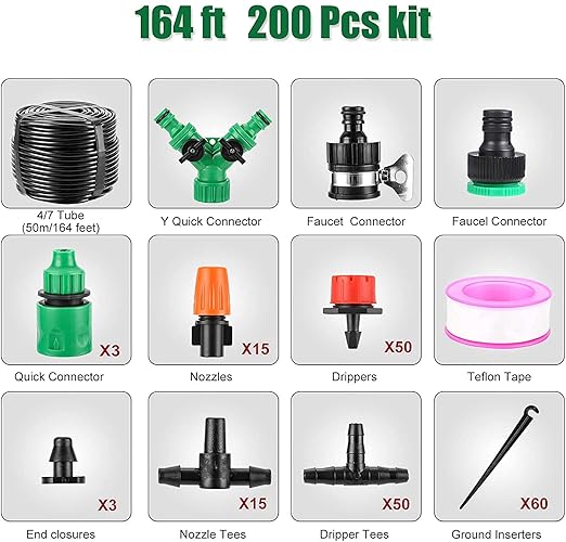 Garden Automatic Irrigation System 164FT 200 Pack Drip Irrigation Kit 1/4" Blank Distribution Tubing Watering Drip Kit Automatic Irrigation Equipment for Garden,Patio,Greenhouse, Flower Bed,Lawn