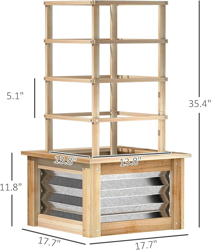Outsunny Raised Garden Bed with Trellis, Wooden Planter Box with Galvanized Steel Sides, Raised Flower Bed for Climbing Plants, Flowers, Fruits and Vegetables, Natural Wood