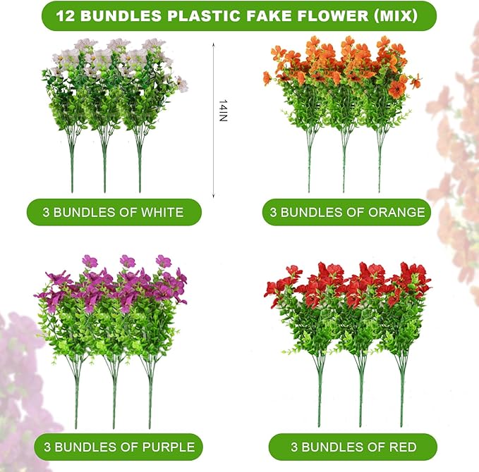 ADXORA 12 Bundles Artificial Flowers,Faux Plants for Spring Summer Decoration, UV Resistant Colorful Violets Eucalyptus for Outside Home Planter Porch Patio Yard Décor