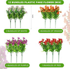 ADXORA 12 Bundles Artificial Flowers,Faux Plants for Spring Summer Decoration, UV Resistant Colorful Violets Eucalyptus for Outside Home Planter Porch Patio Yard Décor