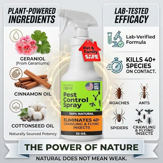 Nature’s Dome Pest Control Spray 32 Oz | 100% Natural Ant Killer & Bug Spray for Indoor & Outdoor Use | Eco-Friendly Bug Spray for Flea, Ticks, Ant & Mosquitos | Safe for Pets and Kids