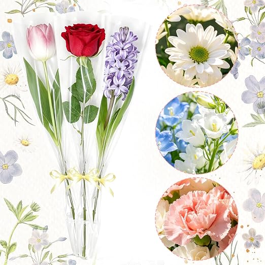 baotongle 50pcs Single Rose Sleeves with 50pcs Floral Water Tubes and Ribbons Single Flower Bags Plastic Flower Wrap for Mother's Day Wedding Birthday Supplies