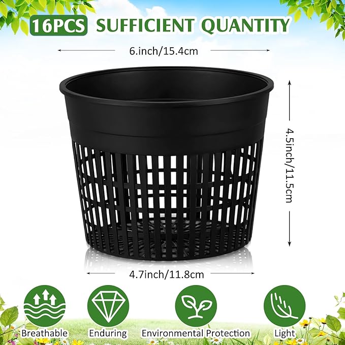 Weysat 16 Pcs Aquatic Plant Pots 6 Inch Round Pond Plant Baskets Net Pots for hydroponics Black Plastic Mesh Pond Containers for Hydroponics Live Aquarium Flowers