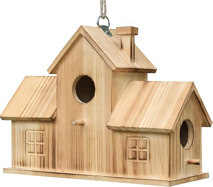 Bird Houses for Outside 3 Hole Bird House Room for 3 Bird Families Outdoor Bluebird Finch Cardinals Wooden Hanging Birdhouse for Garden