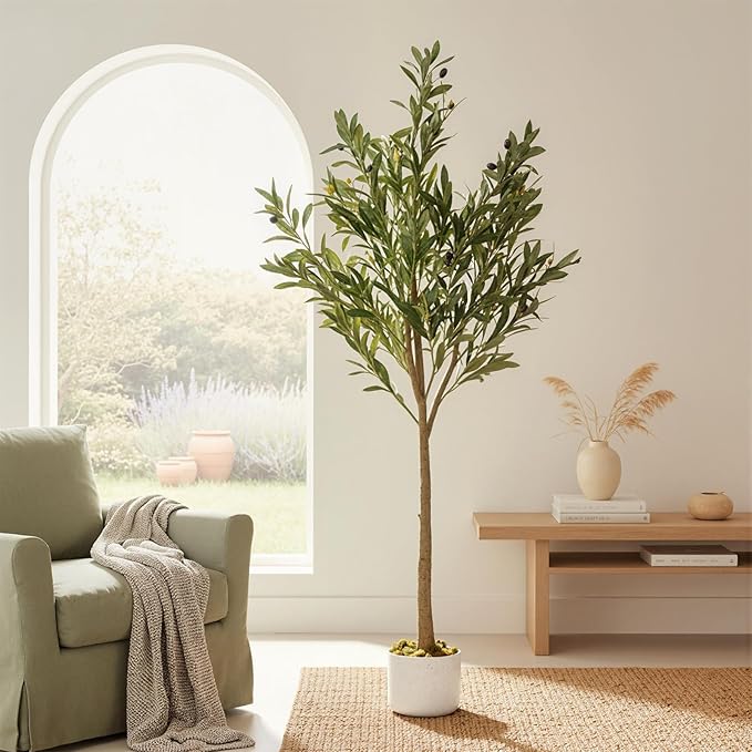 Garvee 4.4 ft Tall Artificial Olive Tree, Potted Fake Olive Plant with Lifelike Leaves & 22 Fruits, Decorative Evergreen Faux Plant Trees for Home Indoor Outdoor Living Room Office