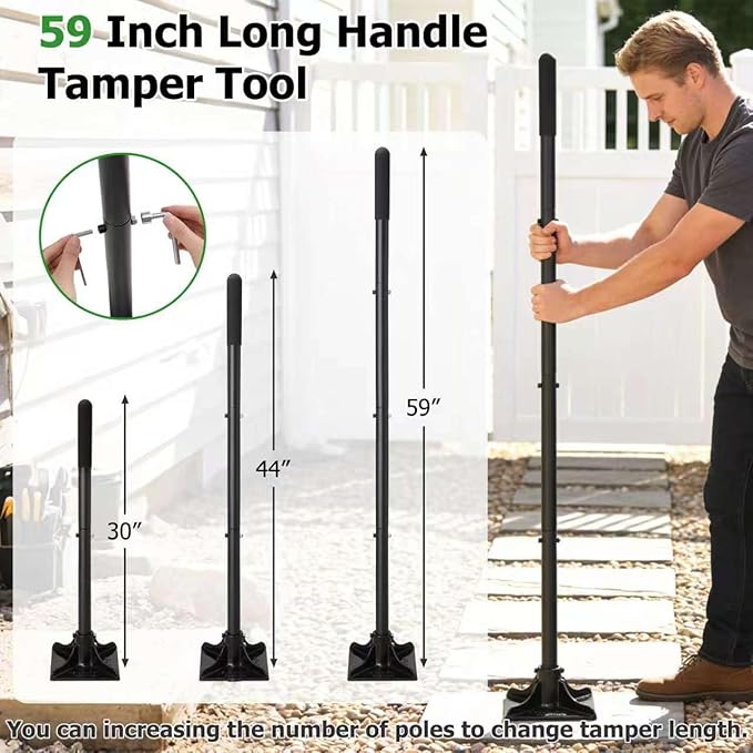 Tamper Tool with Detachable Long Handle, 59 Inch Manual Heavy Duty Soil Compactor for Pavers, Stones, Lawn Edging, Fence Post Installation, Black
