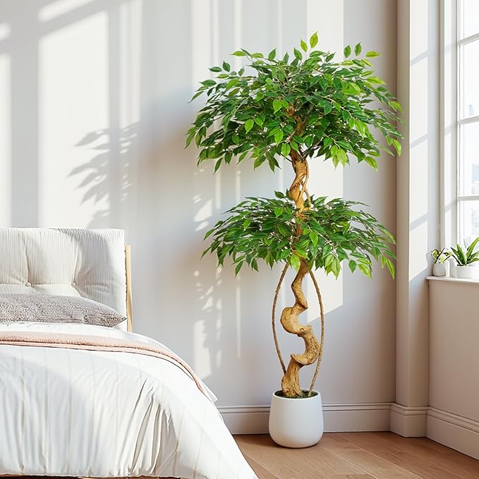 5ft Large Ficus Artificial Trees in White Pot, 60" Tall Fake Silk Tree with Natural Curved Trunk, Lush Faux Ficus Tree for Indoor Home Decor, Living Room, Office & Patio