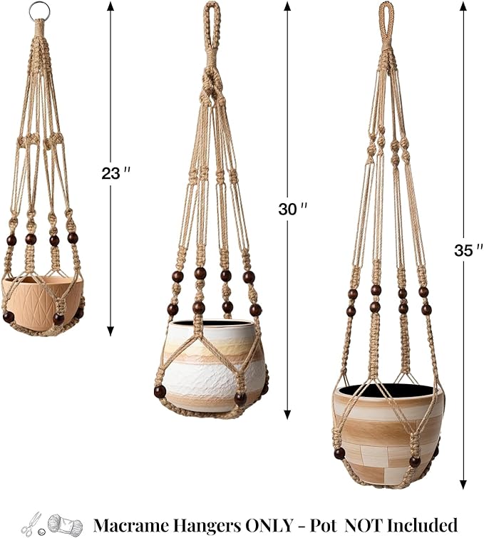 LEWESU 3 Pack Jute Macrame Plant Hanger Indoor 3 Different Sizes Hanging Planter Basket Flower Pot Holder with Wood Beads & No Tassels for Boho Home Decor, 23, 30, 35 Inch, Brown (Pot Not Included)