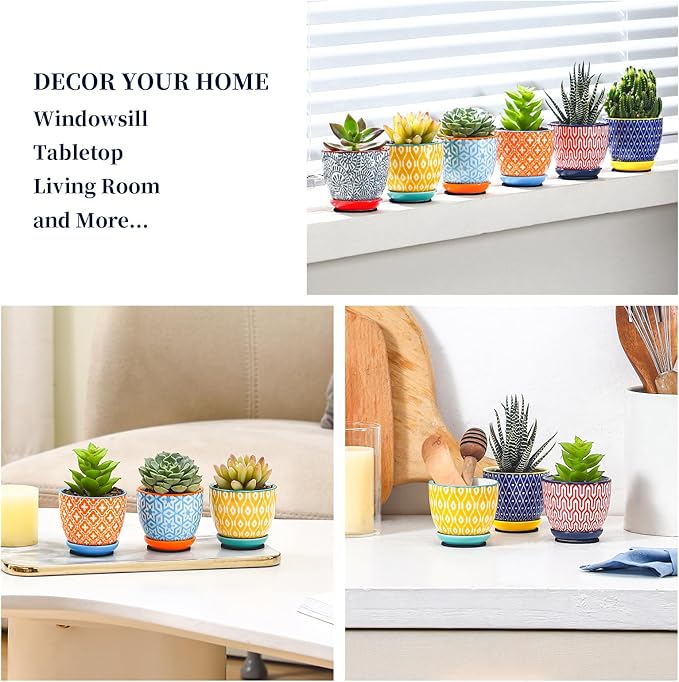 Selamica Ceramic 2.4 Inch Succulent Pots, Mini Flower Pots for Cactus Plant with Drainage Holes & Saucers, Home Decor, Set of 6, Assorted Colors