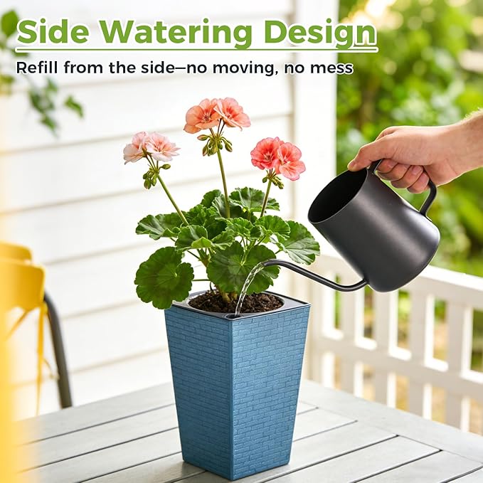 Self Watering Pots for Indoor Plants, 2 Pack Flower Pots Self Watering Planter 10.7" x 6.9" Plastic Pots African Violet Wick and Grow Pots Tall Orchid pots Square Large Plant Pots, Blue