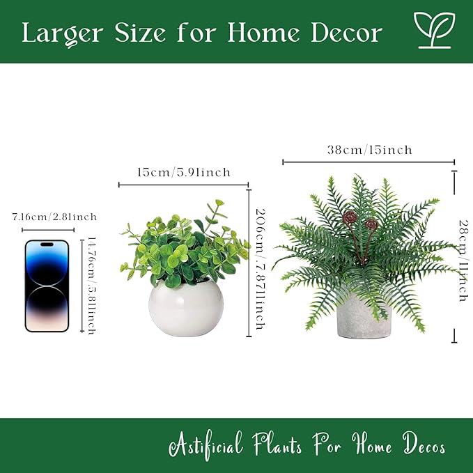 Artificial Boston Fern Potted Plants, 2 Pcs 15'' Fake Greenery Shrubs Plants in Pot for Home Office Living Room Desk Shelf Indoor