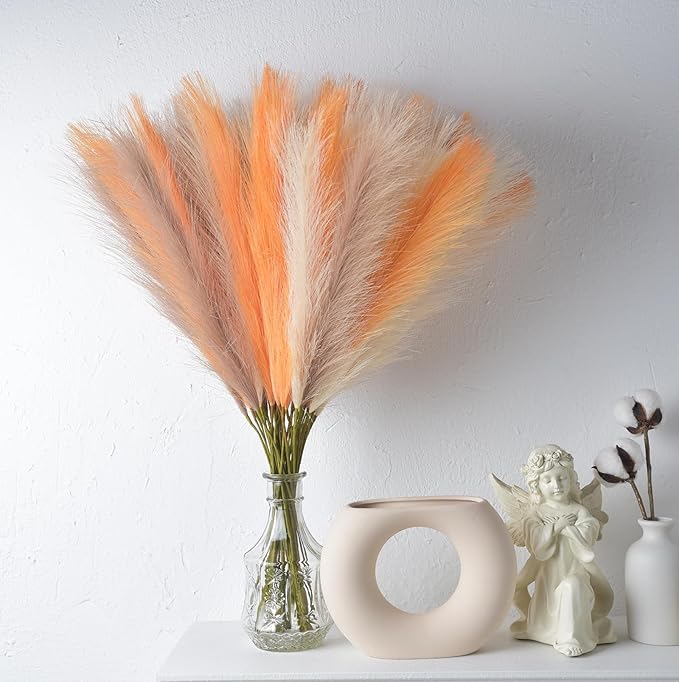 LSKYTOP Orange Pampas Grass Decor,23Inch 12pcs Faux Pampas Grass Bouquets Artificial Pampas Fake Pampas Flower for Home Living Room Bedroom Vase Decor