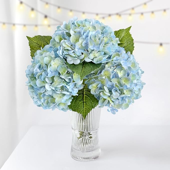 ZYTUYO 3PCS Blue Green Hydrangeas Artificial Flower 21" Real Touch Faux Latex Fake Hydrangeas Silk Bouquet for Home Kitchen Living Room Spring Table Office Wedding Party Arrangement