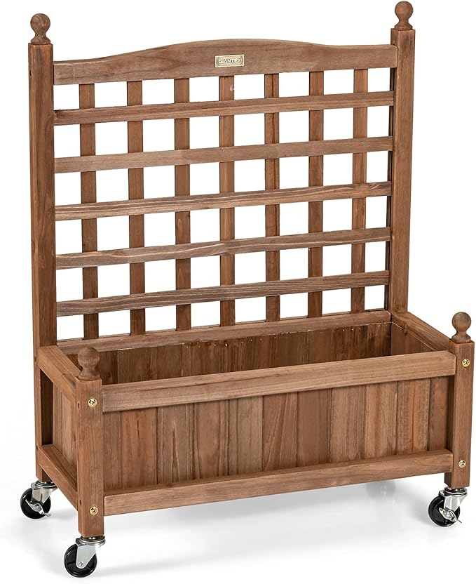 Giantex Mobile Plant Raised Bed, Wood Planter with Lattice Trellis and Wheels, Flower Box for Plant Climbing, Vertical Garden for Balcony Patio Yard (1, 25"x 11"x 32.5")