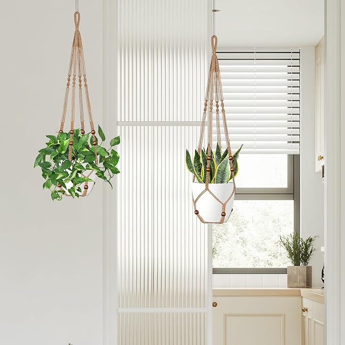 LEWESU Jute Macrame Plant Hanger Indoor Set of 4 Hanging Planter Basket Flower Pot Holder with Decorative Wood Beads & No Tassels for Indoor Outdoor Boho Home Decor, 35 Inch Brown (Pots Not Included)