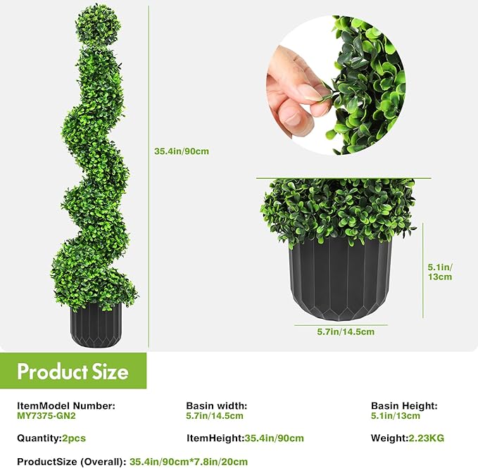 2 Pack 3FT Artificial Spiral Topiary Trees, Realistic Boxwood Trees, Evergreen PE Faux Plants with Durable Pot, Outdoor & Indoor Year-Round Garden, Patio, Porch, Home Entryway Decor