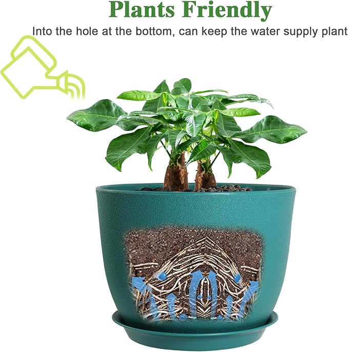 UOUZ 12inch Large Plant Pot, Modern Plastic Planter with High Driange Holes and Saucer for Indoor Outdoor Garden Plants and Flowers, Black with Green Speckles