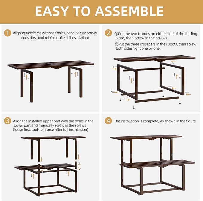 Plant Stand Indoor Outdoor, Foldable Metal Plant Shelf for Multiple Pots, Mid Century Slatted Bench for Patio Garden, Heavy Duty Capacity 330 lbs 2 Tier Coffee