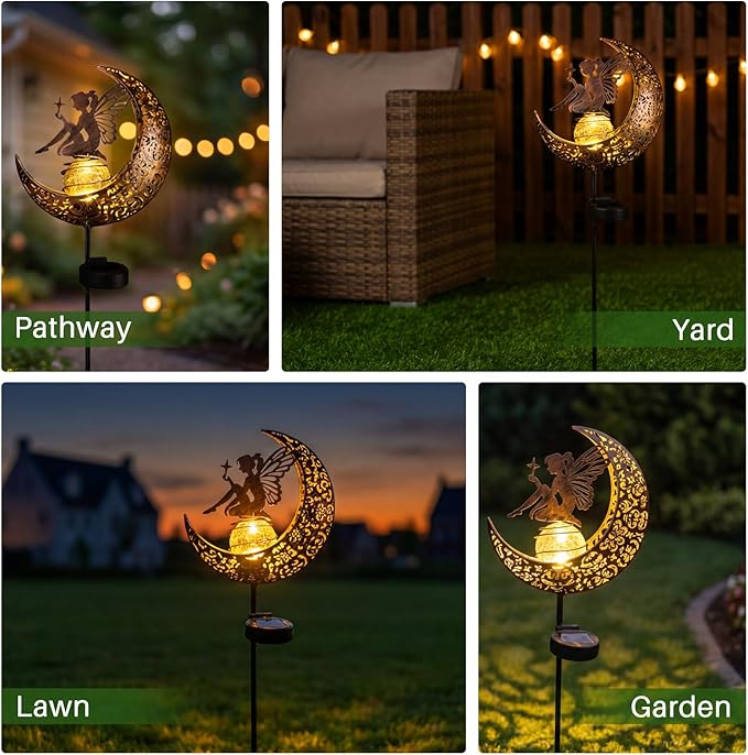 MEBRUDY Fairy Solar Garden Outdoor Decor, Moon Figurine Light Stake Housewarming Ornament for Patio, Lawn, Yard, Pathway, Unique Gift Ideas for Gardening, Mom, Grandma, Women