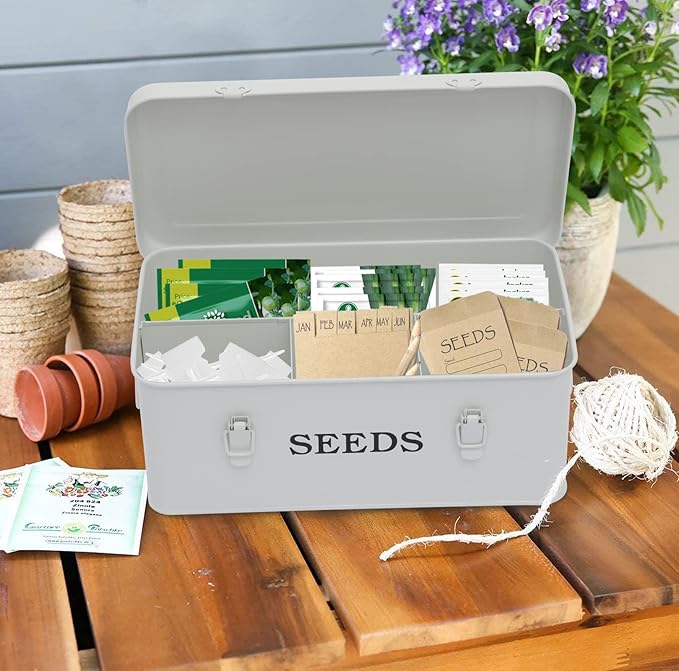 Seed Saving Box, Metal Seed Bin, Seed Storage Organizer, Seed Packet Container with Lid, Seed Envelope Storage Box, 4 Compartments Garden Seed Bin with Safety Locks-White