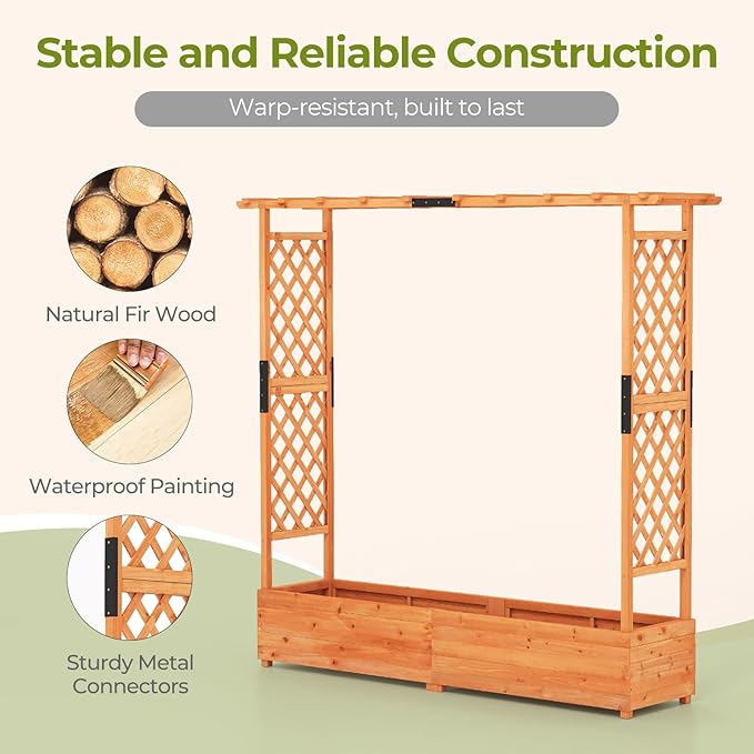 HAPPYGRILL Raised Garden Bed with Trellis, Freestanding Wood Planter Box w/Hanging Roof & Drainage Holes for Vine, Climbing Plants, Flowers, Outdoor Planter with Trellis for Garden, Patio, Yard (1)