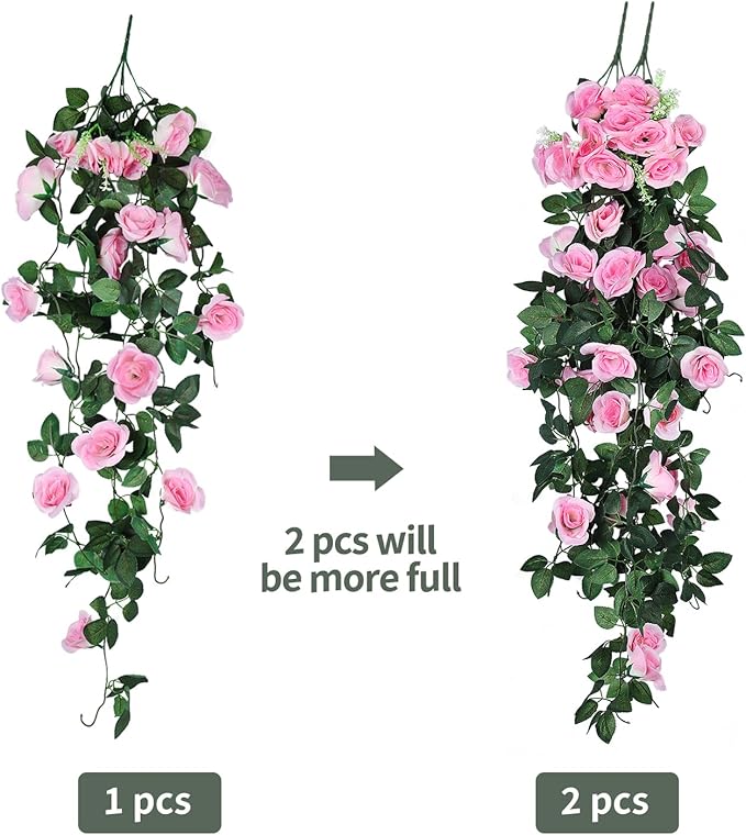 RECUTMS 4PCS Artificial Rose Vine Hanging Plants Fake Flower Outdoor Flowers UV Resistant for Indoor Outside Garden Porch Window Box Home Wedding Farmhouse (Pink)