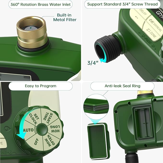 GMR Hose Timers for Watering, Sprinkler Timer Outdoor with Brass Inlet, Water Timer for Garden Hose with Rain Delay/Manual/Auto Irrigation System, Programmable Garden Hose Timer for Yard, 2 Outlet