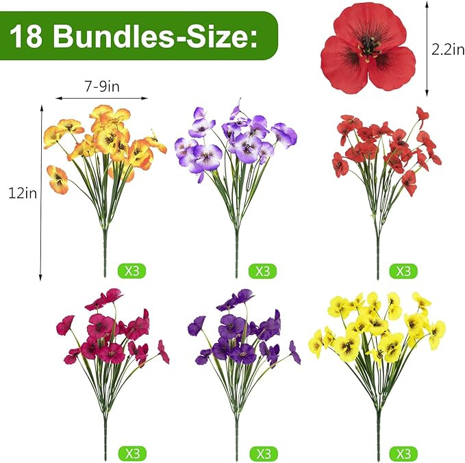 ZAIYW 18 Bundles Artificial Flowers Outdoor Fake Flowers Pansies Faux Artificial Plants for Planter Porch Yard Home Decor (Mixed Color)